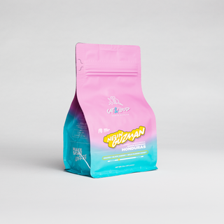Pink honey processed Parainema coffee bag from Nelin Guzman in Santa Barbara Honduras.