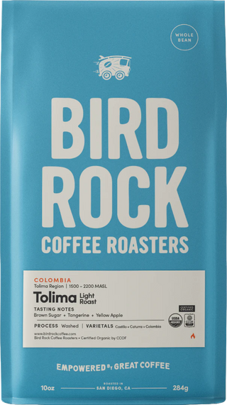 Blue Bird Rock Coffee Roasters bag displaying Tolima Organic Colombia label