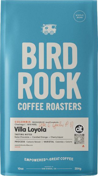 Blue Bird Rock Villa Loyola coffee packaging with tasting notes label