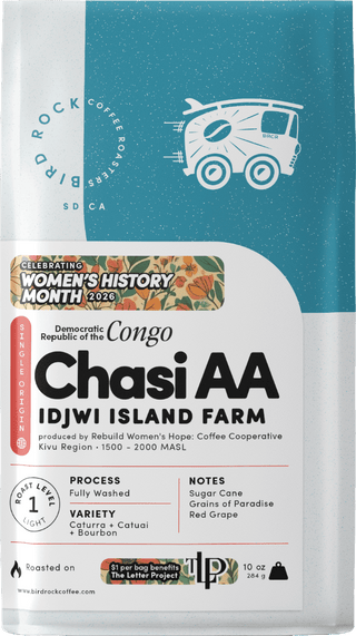 Chasi AA Idjwi Island Farm coffee bag from the Democratic Republic of the Congo with teal design and Women's History Month badge