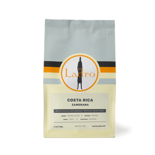 Costa Rica Zamorana coffee bag with Ladro circular logo and bold colorful bands