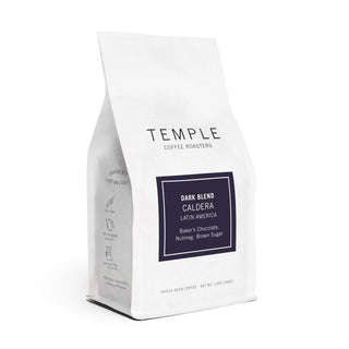 Temple Coffee Roasters Dark Blend Caldera Latin America bag shown at an angle with a purple label