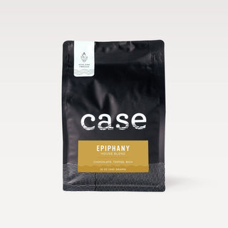 Epiphany House Blend coffee bag with Ashland Oregon label and bold Case branding on black packaging