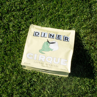 Diner coffee bag on grass featuring a cartoon dinosaur illustration
