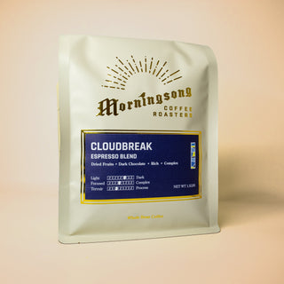 Cloudbreak Espresso Blend bag viewed from the side with navy label and roast details