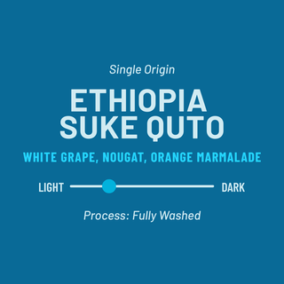 Blue Ethiopia Suke Quto single origin label with tasting notes and roast level indicator