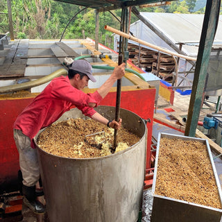 Worker in a red shirt and cap stirs a large metal vat of pineapple mash during fermentation.