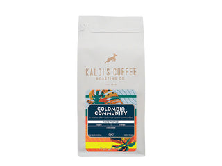 Kaldi's Colombia Community bag with vibrant label artwork embracing Colombian coffee.