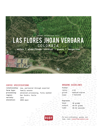 Colombia Las Flores Jhoan Vergara coffee information sheet with an aerial farm photo and Ruby logo.
