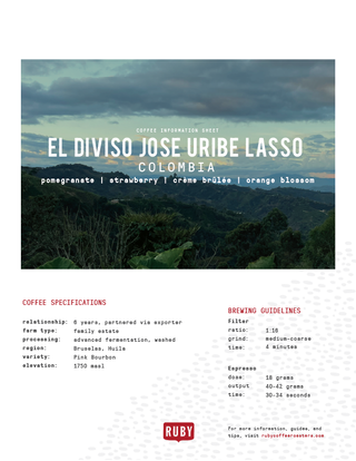 Front of a Ruby coffee bag with a scenic landscape image and El Diviso Jose Uribe Lasso Colombia label.