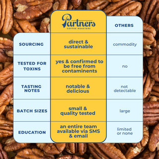 Partners Coffee infographic for Elevate showing direct & sustainable sourcing and tested for toxins on a pecan background.