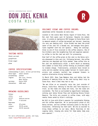 Costa Rica Don Joel Kenia coffee information sheet showing a drying patio photo and farm details.