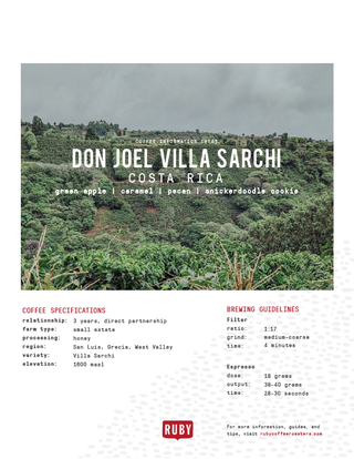Costa Rica Don Joel Villa Sarchi coffee information sheet with terroir notes and honey processing.