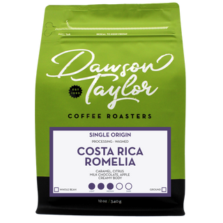 Bright green Costa Rica Romelia single origin coffee bag with bold white script label