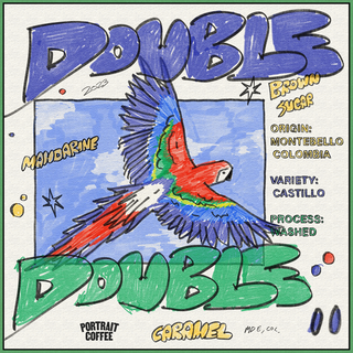 Double Double coffee label featuring a vibrant parrot illustration.