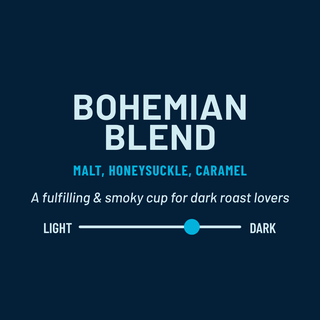 Bohemian Blend coffee label on dark navy background highlighting malt honeysuckle and caramel notes