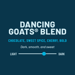 Dancing Goats Blend coffee bag label with bold light blue logo on dark teal background