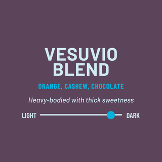 Vesuvio Blend coffee packaging on a deep purple background with bold Vesuvio Blend text and orange cashew chocolate notes