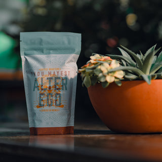 Alter Ego coffee bag with bold illustrated graphics next to a succulent on a wooden surface.