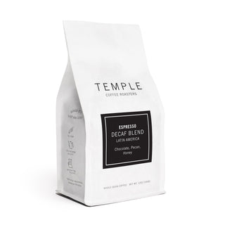 Temple Coffee Roasters bag angled to reveal the burgundy front label and clean typography.