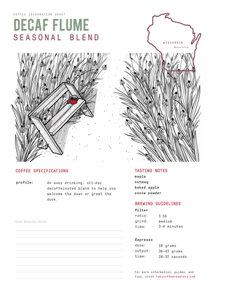 Decaf Flume Seasonal Blend information sheet with a field illustration, red mug on a bench, and a Wisconsin outline