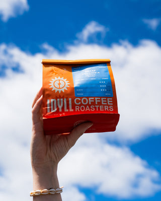Hand holding Decaf Colombia Buesaco coffee bag against a bright blue sky