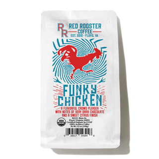 Organic DECAF Funky Chicken coffee bag with white packaging and bold red rooster graphic