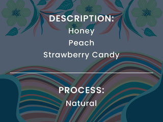 Colorful illustrated label displaying Description Honey Peach Strawberry Candy with rainbow wave patterns.