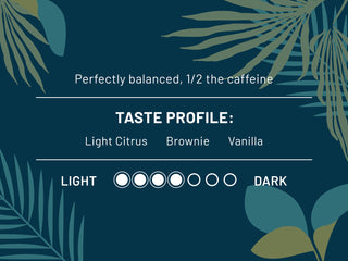 Taste profile graphic for Half Caff Kaldi showing Light Citrus Brownie Vanilla on a tropical leaf background.