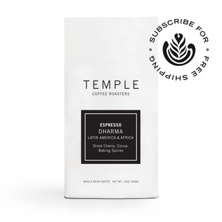 Dharma Espresso Blend bag from Temple Coffee Roasters featuring Espresso Dharma label and a circular subscribe graphic.