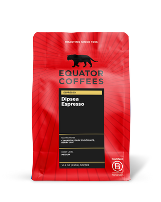 Red Equator Coffees Dipsea Espresso bag with black tasting panel and gold Espresso banner.