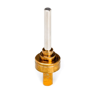 Vertical silver E61 brew valve stem with a brass base