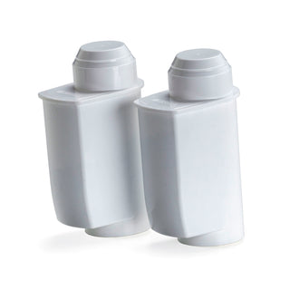 Two white AquaAroma Crema water softener cartridges for ECM and Profitec espresso machines