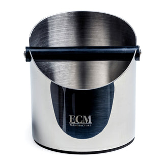 ECM Knock Box in brushed stainless steel with a removable rubber-sleeved knock bar and non-slip feet.