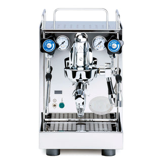 Front of ECM Mechanika Slim PID espresso machine in polished chrome with dual gauges and lever handles
