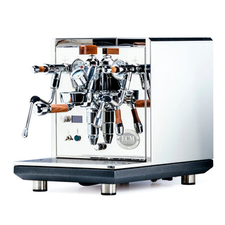 Open Box ECM Synchronika II espresso machine with Walnut FC showing chrome body and dual group heads with portafilters