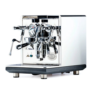 ECM Synchronika II Flow Control espresso machine front view showing dual gauges and chrome body