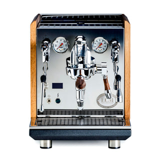 Front view of Synchronika with walnut side panels and chrome controls.