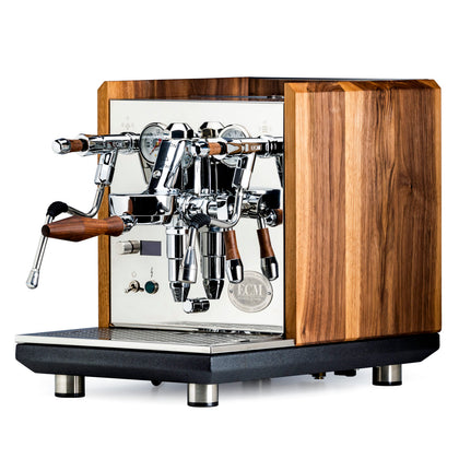 Synchronika espresso machine with walnut wood side panels installed.