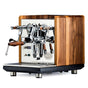 Synchronika espresso machine with walnut wood side panels installed.