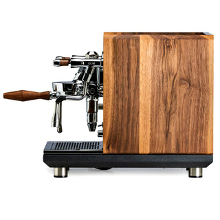 Walnut wood side panel for ECM Synchronika II espresso machine attached to the side.