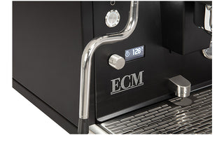 ECM Estetika espresso machine front panel with digital temperature display and curved chrome steam wand