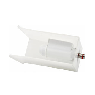 Close up of a white AquaAroma Crema cartridge showing the valve end with red seal
