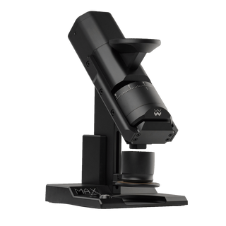 Weber Workshops EG-1 flat burr coffee grinder viewed from the front with a matte black finish and grind setting dial.