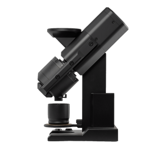 Angled side view of Weber Workshops EG-1 80mm flat burr coffee grinder on its stand