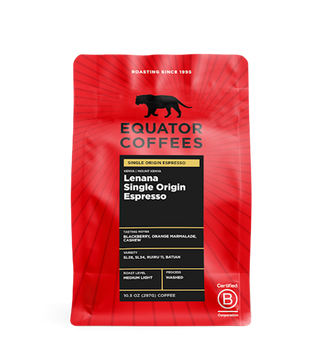 Equator Coffees Lenana Single Origin Espresso bag in red packaging with black label