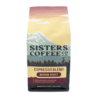 Espresso Blend coffee bag standing upright against a white background with pastel mountain artwork.
