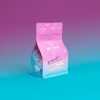 Ethiopia Kalmiza coffee bag in pink against a purple to cyan gradient backdrop.