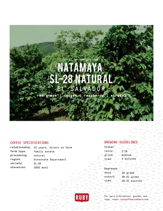 Natamaya SL-28 Natural El Salvador coffee information sheet with plantation image and brewing guidelines.