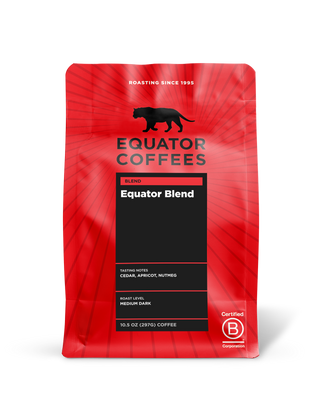 Red Equator Coffees bag for Equator Blend with a black tasting notes panel.